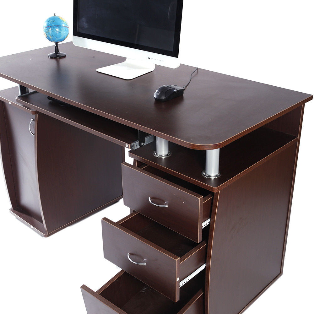 Ktaxon Brown Computer PC Desk Home Office Study Writing Table 3 Drawers Bookcase