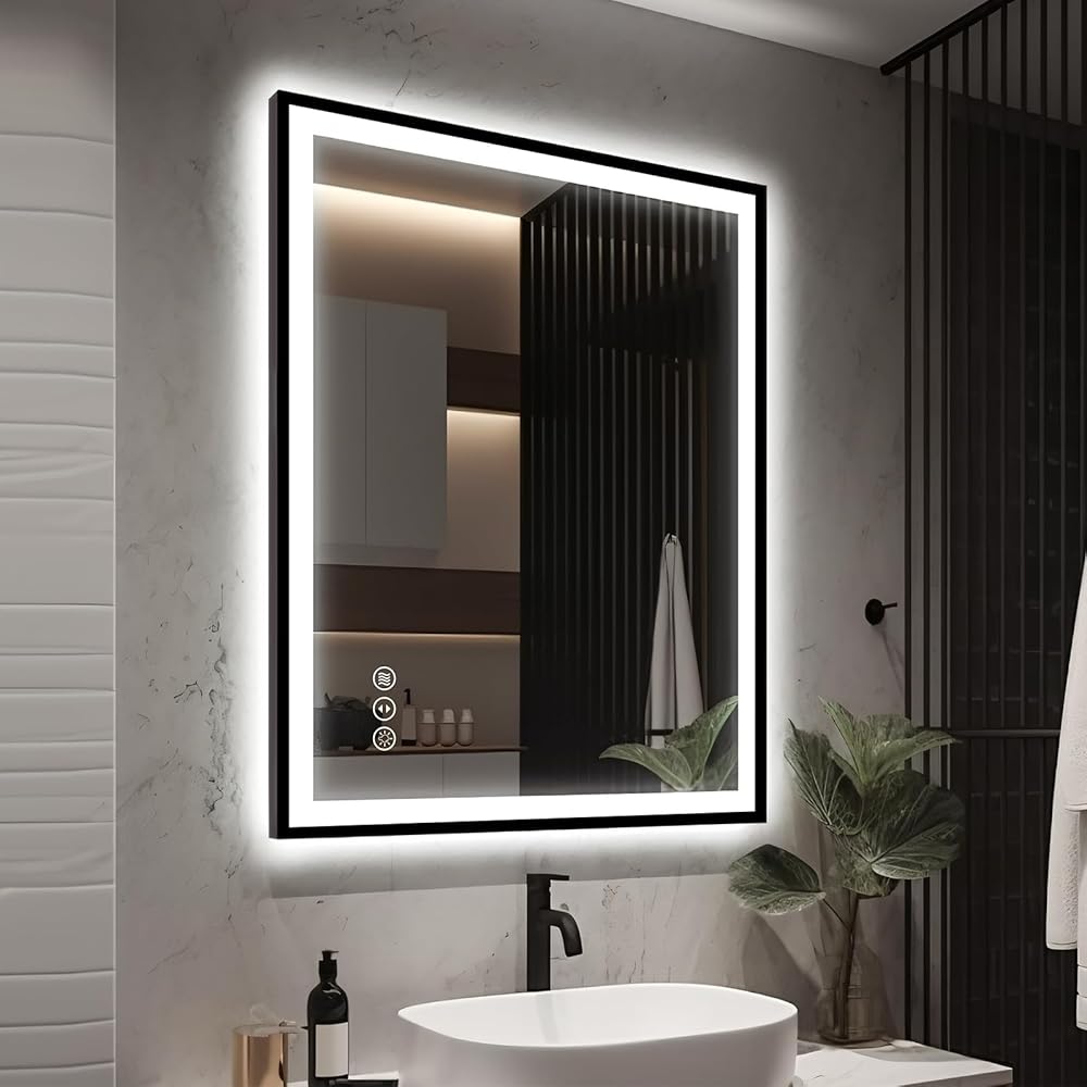 30x36 LED Bathroom Mirror with Lights - Black Framed, Front and Backlit Mirror, Anti-Fog Vanity Mirror with Lights,Stepless Dimmable LED Mirror, 3 Colors Smart Mirror(Horizontal/Vertical)
