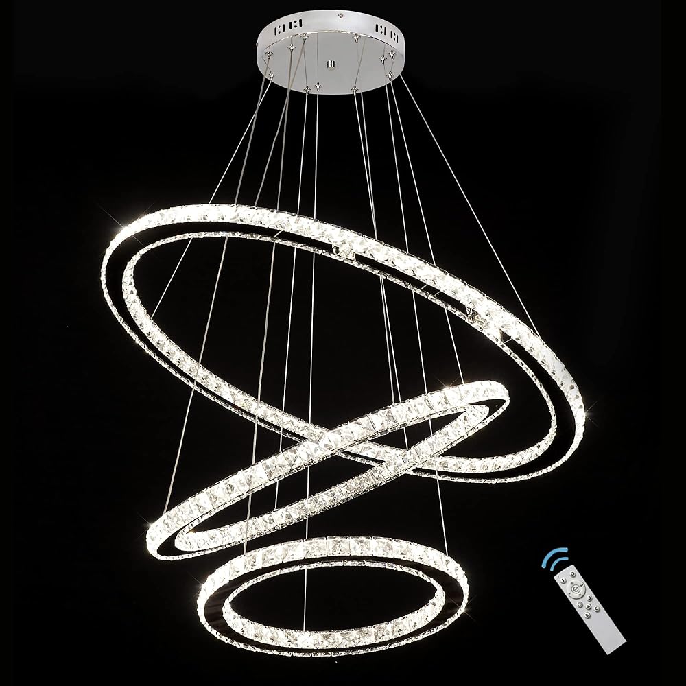 Crystal Chandeliers Dimmable Modern LED Ceiling Lights Fixtures 3 Rings Chandelier Lighting Dining Room Pendant Lights Contemporary Adjustable Stainless Steel Cable