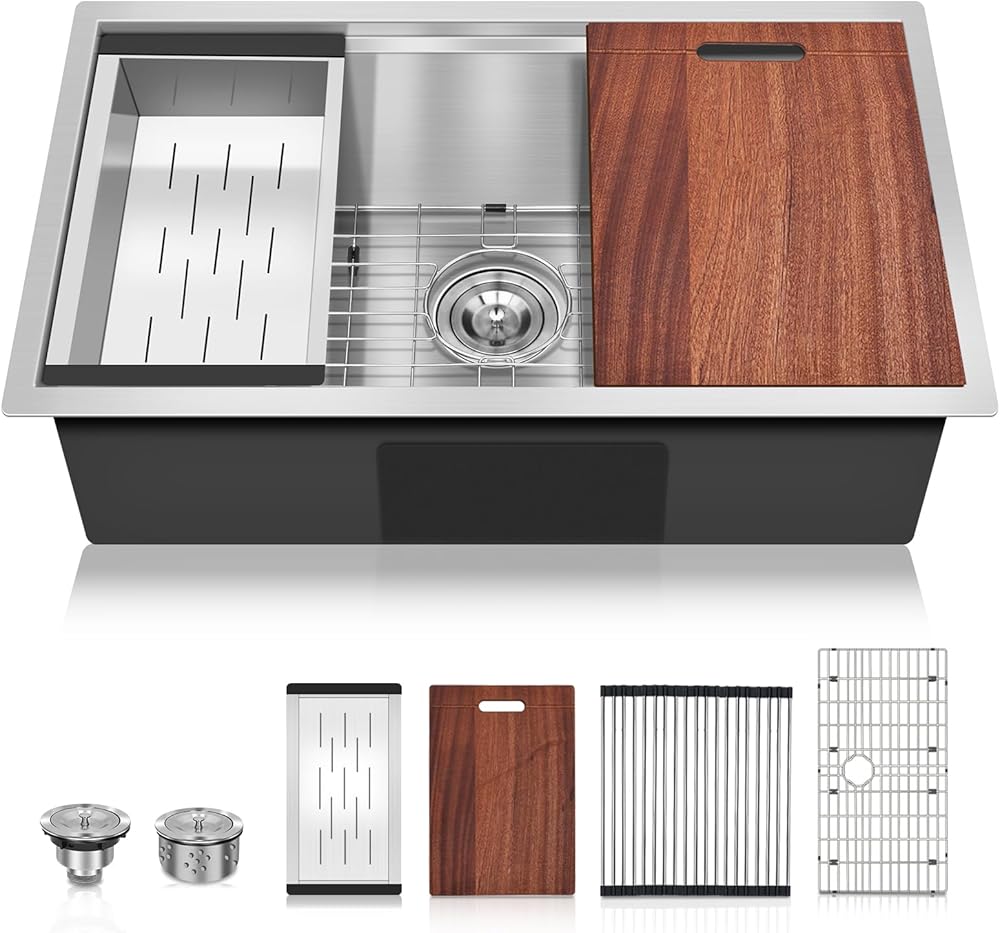 Tysun 27 Inch Undermount Kitchen Sink - 16 Gauge Drop In Kitchen Sink - Stainless Steel Single Bowl Kitchen Sink - Workstation Sink with Accessories