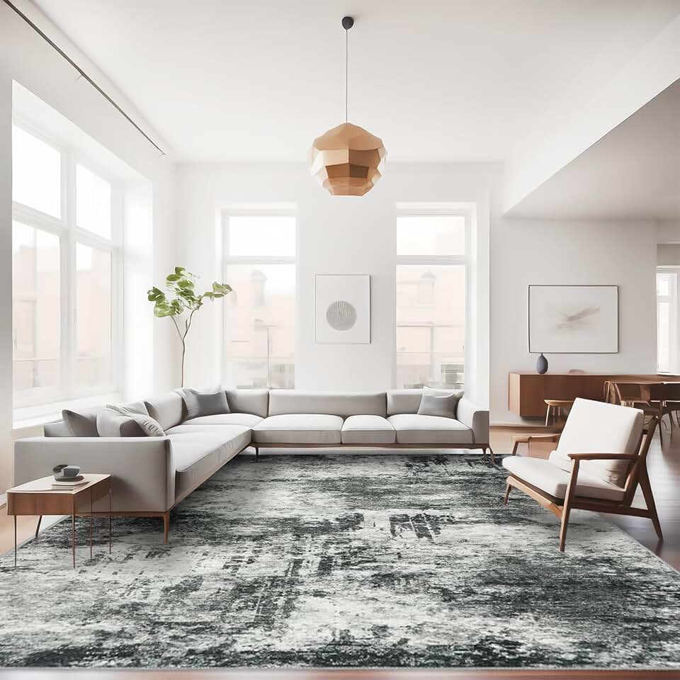 RUUGME 9X12 Abstract Area Rug:Large Washable Living Room Rug Indoor Non Slip Low Pile Carpet for Bedroom Soft Foldable Stain Resistant Distressed Thin Rug for Dining Room Kitchen 9X12 Black A