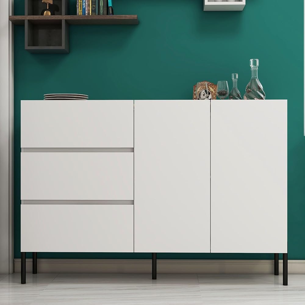 Modern White Sideboard with 2 Door 3 Drawer Storage Cabinet Organizer for Entryway Kitchen Living Room Dining Room Coffee Bar