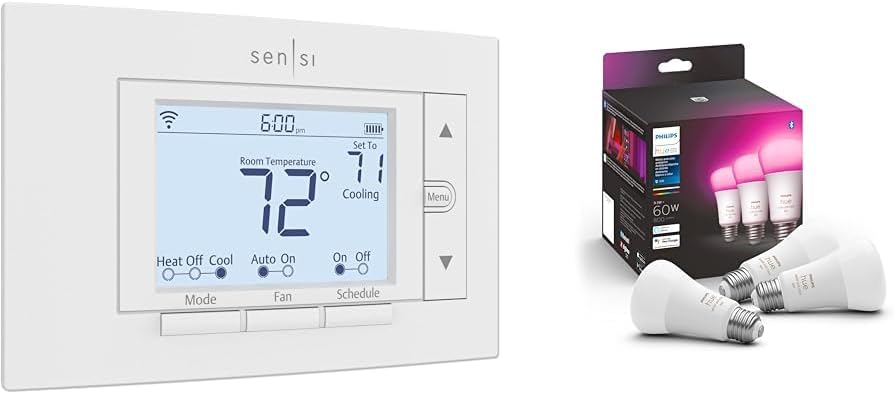 Emerson Sensi Wi-Fi Smart Thermostat for Smart Home & Philips Hue Smart 60W A19 LED Bulb - White and Color Ambiance Color-Changing Light - 3 Pack - 800LM - E26 - Indoor - Control with Hue App