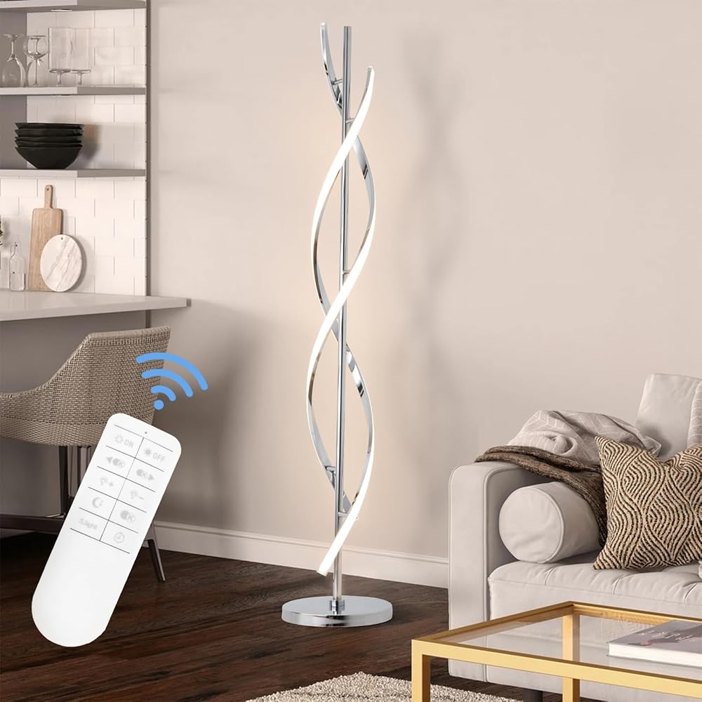 ADISUN 40W LED Modern Floor Lamp Remote Control Dimmable Spiral Floor Lamp Indoor Tall Lamp Floor Lamp for Living Rooms Family Rooms Bedrooms Offices Lighting (Silver)