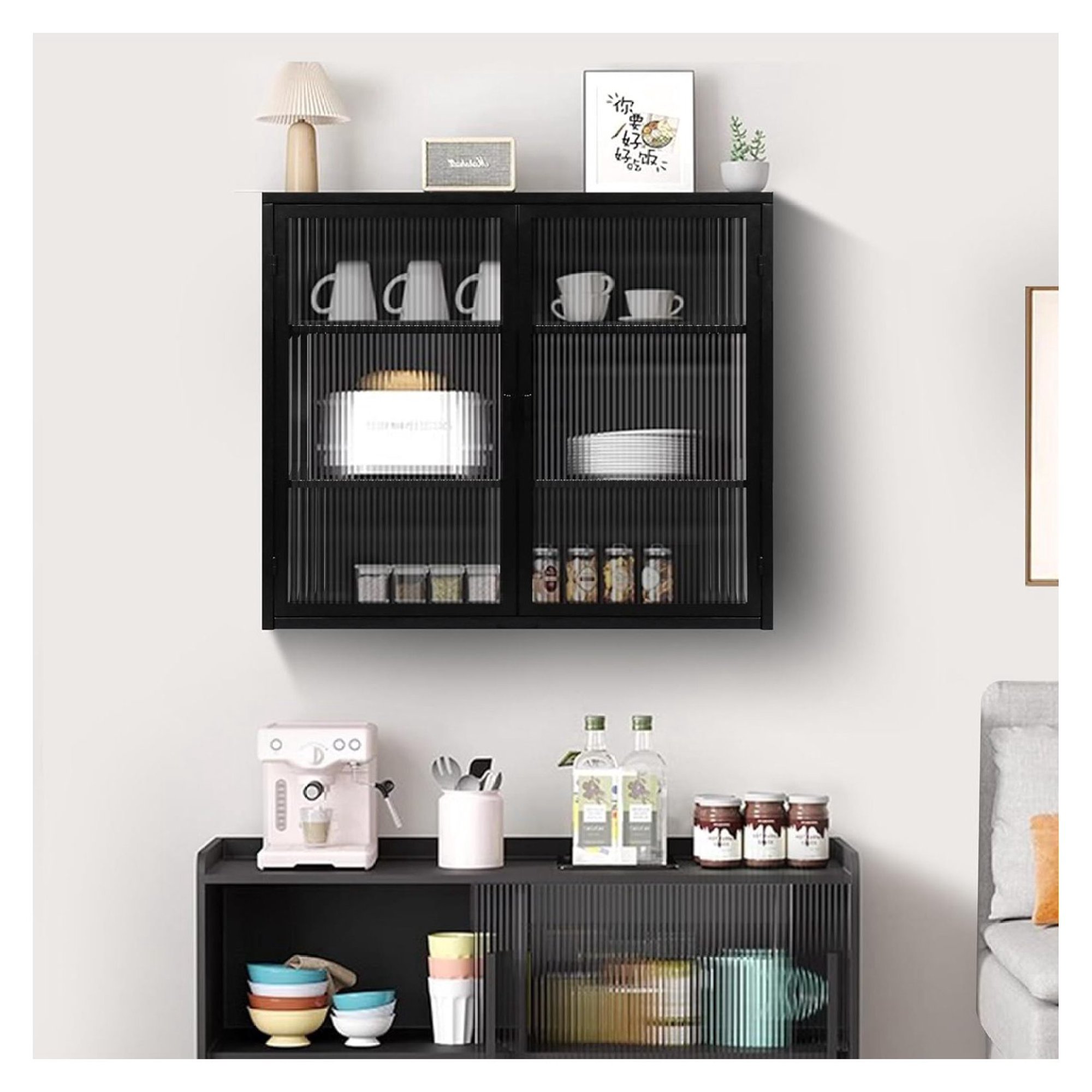 ZHANGHU Metal Wall Cabinet with Glass Doors 3-Tier Wall Mounted Storage Cabinet with Detachable Shelves Modern Medicine Cabinet for Kitchen Bathroom Living Room, Black