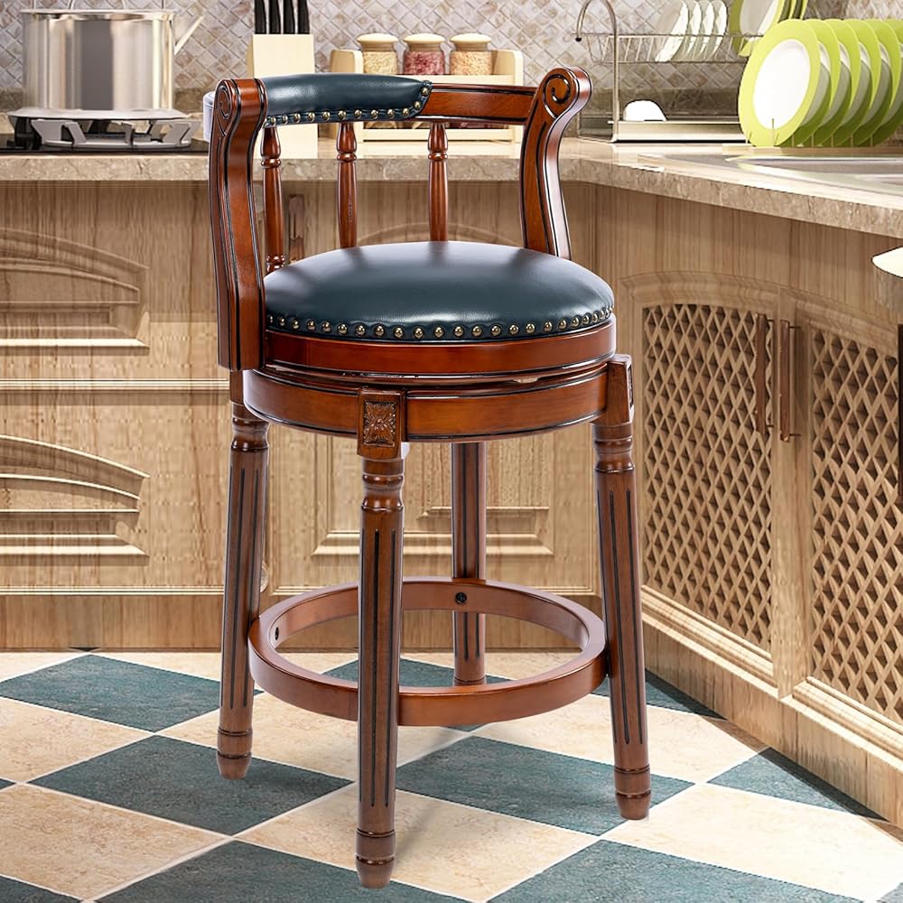 Bar Stools,Swivel Counter Wooden Barchair Genuine Leather Upholstered Barstool with Back for Kitchen Island (Wanul-navy, counter stool-seat height 26in)