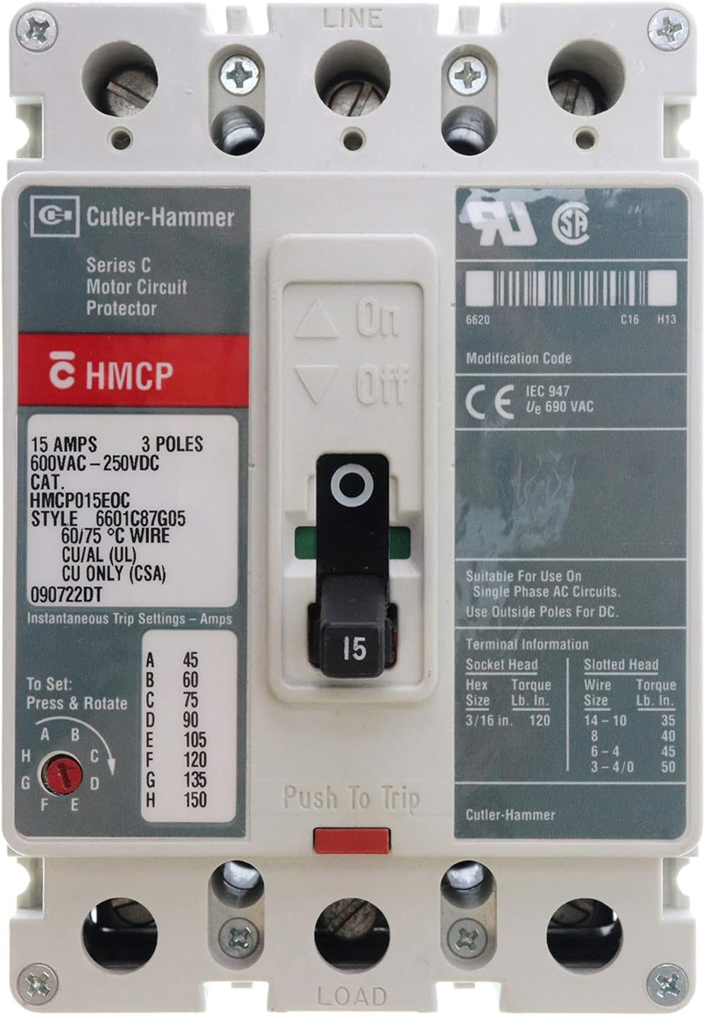 Cutler-Hammer CHHMCP015E0C C-H HMCP015E0C 15A HMCP 3P 480V L/L STL, Black