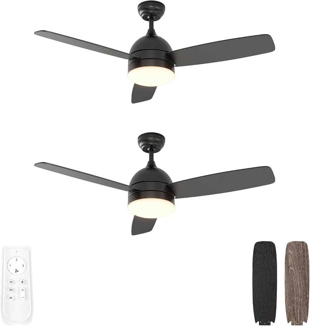 warmiplanet Ceiling Fan with Lights Remote Control, 48-Inch, Black, Silent Motor, 3-Blades, 2 Pack
