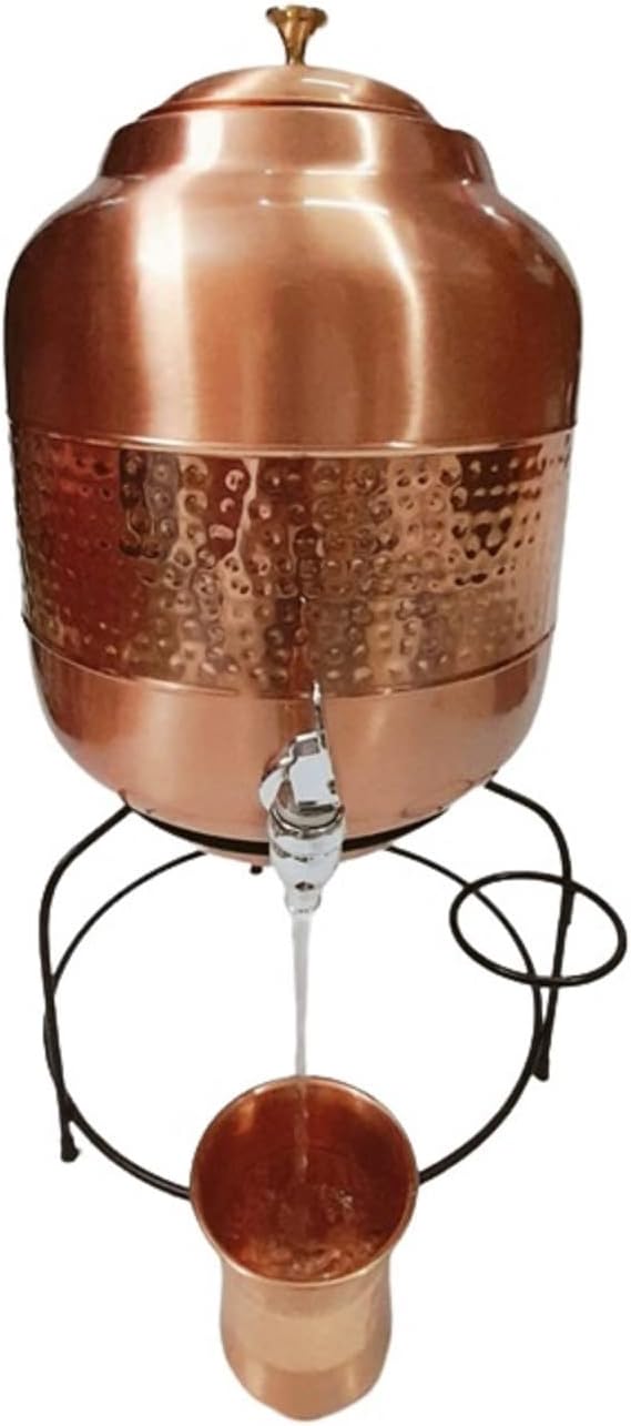 Pure Copper Water Dispenser/Matka (14 L) Copper Dispenser Plain & Half Hammered With Stand 50 Cms Height And Glass (350Ml), Gallon Water Dispenser Copper Storage By ORNATE INTERNATIONAL