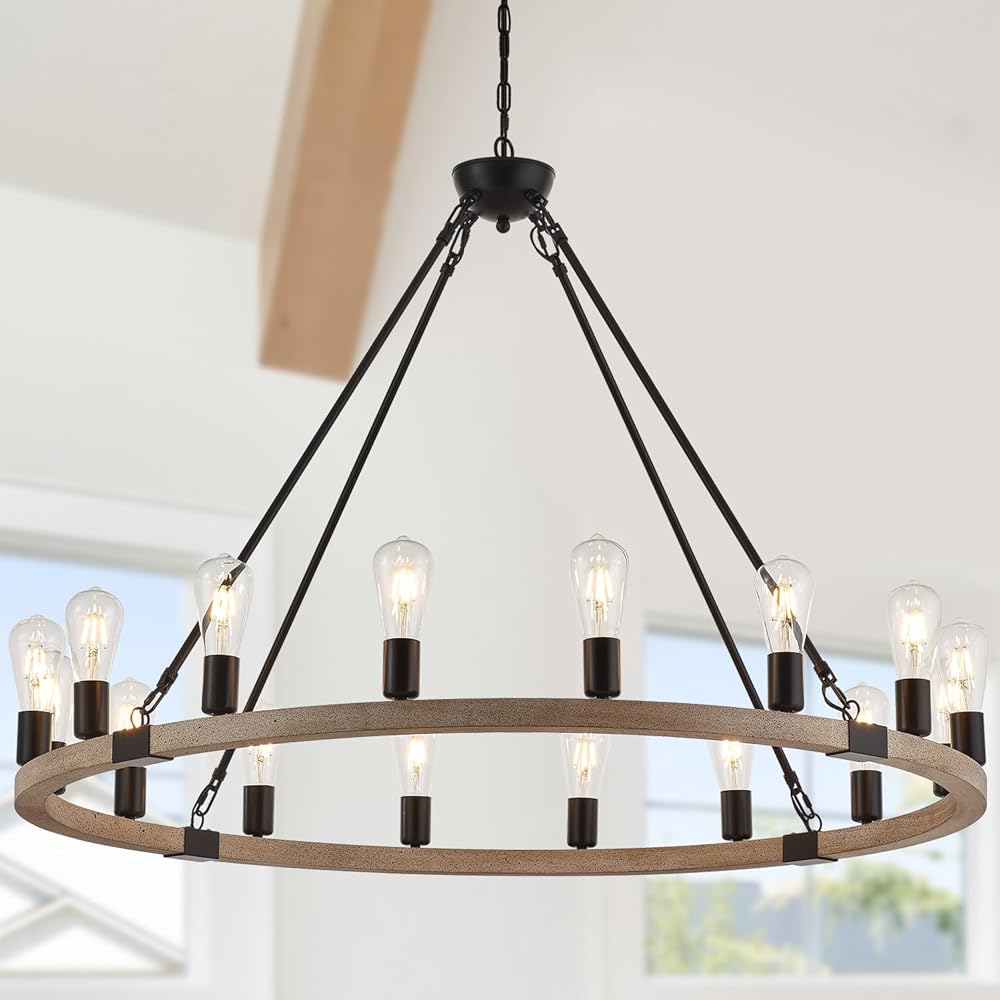 16 Lights Wooden Wagon Wheel Chandelier Farmhouse 43.3’’ White, Black Metal Pendant Chandeliers Wood Vintage Rustic Light Fixtures Industrial for Living Dining Room Foyer High Ceiling Villa