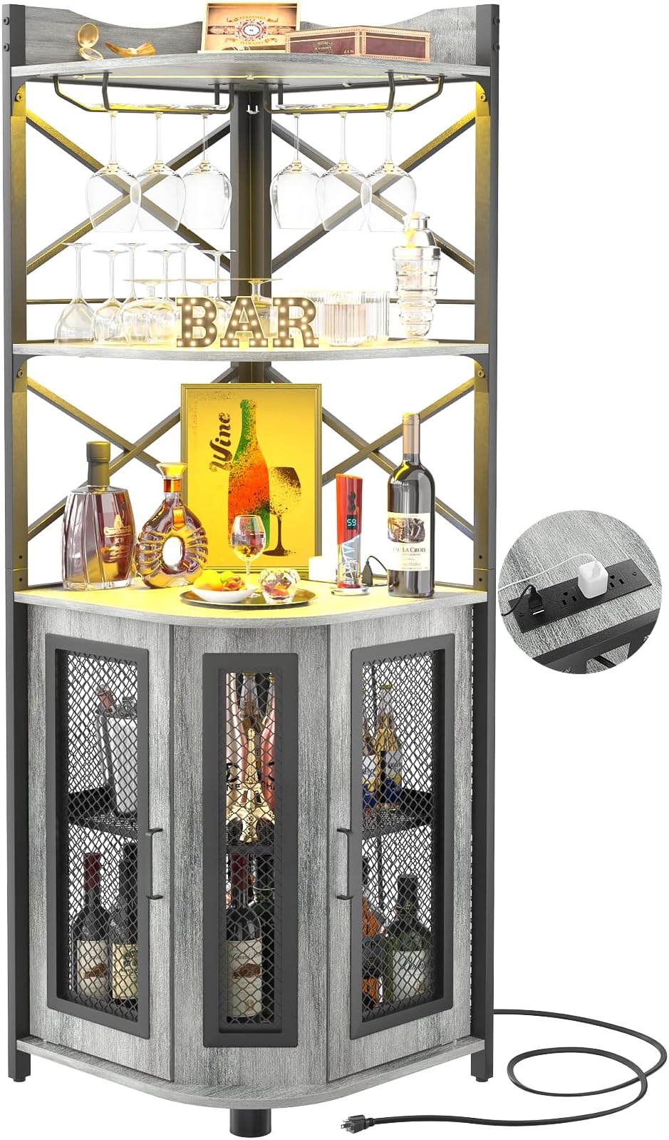 Aheaplus Corner Bar Cabinet with Power Outlet, Industrial Wine Cabinet with LED Strip and Glass Holder, 5-Tiers Liquor Cabinet Bar Unit for Home, Corner Display Cabinet for Small Space, White Oak
