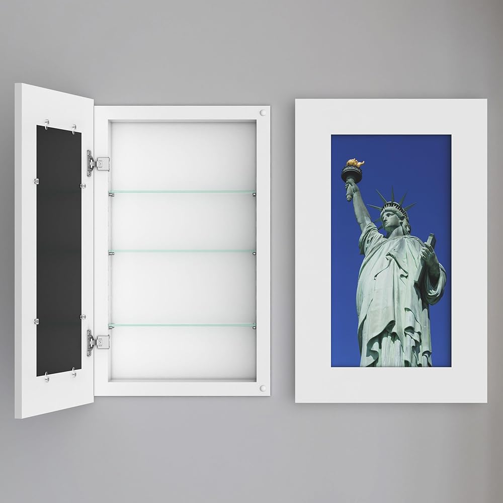 Houseables Concealed Medicine Cabinet, Picture Frame Medicine Cabinet, 14”W x 24”H ID, 17”W x 27”W OD, White, Wood, 4 Tier Shelf, Recessed Medicine Cabinet No Mirror, Hidden Bathroom in Wall Cabinet