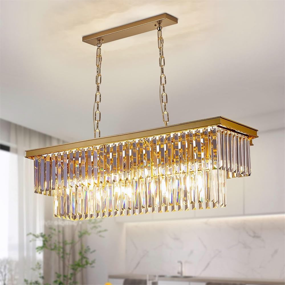 Depuley 31.5'' Modern Crystal Chandeliers for Dining Room, 8-Light Rectangular Gold Chandelier, Rectangle Contemporary Pendant Light Fixture for Kitchen Island, Included E12 Bulbs, UL Listed