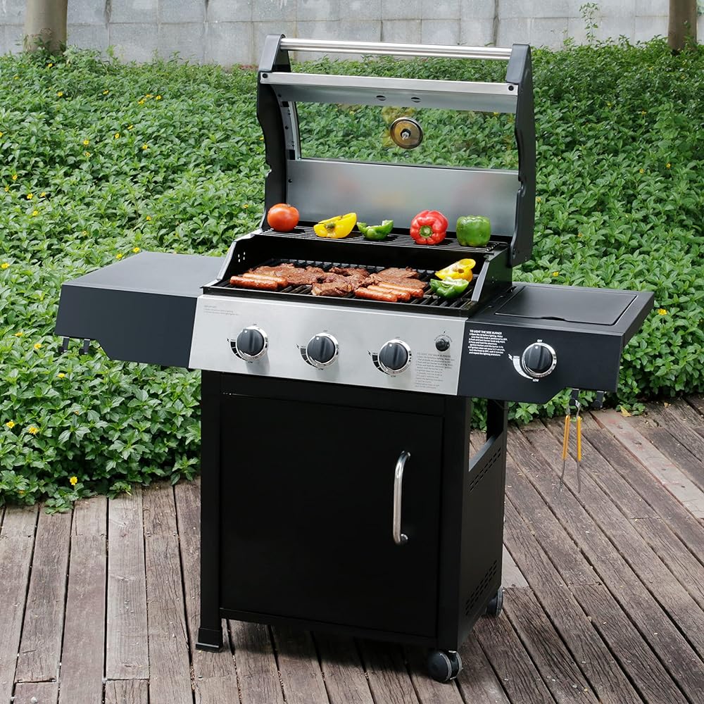 Liquid Propane Gas Grill, Stainless Steel BBQ Grill High Performance 3 Burners with Side Burner, 48,000 BTU Cart Style Perfect Patio Garden Picnic Backyard Barbecue Grill.