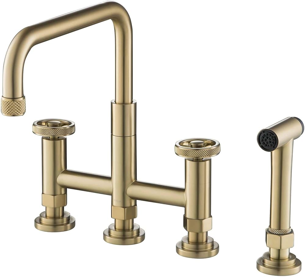Urbix Industrial Bridge Kitchen Faucet with Side Sprayer in Brushed Gold, KPF-3125BG