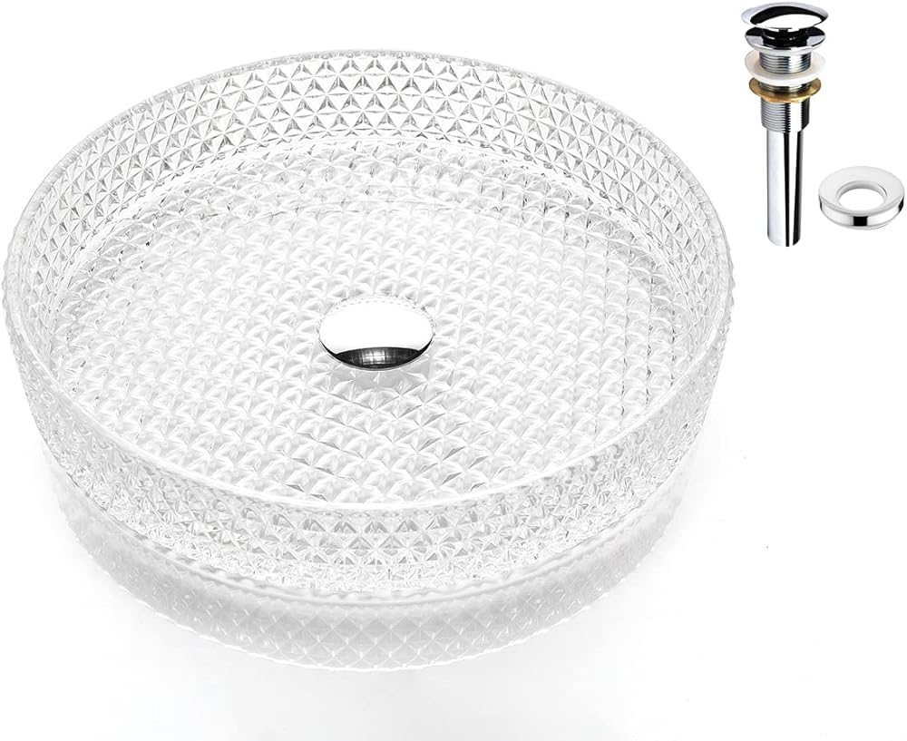 SKY Diamond Crystal Glass Vessel Sink In crystal clear Top Mount Sinks Above Countertop | Vanity Countertop Sink Bowl with Pop Up Drain |FW-LA611