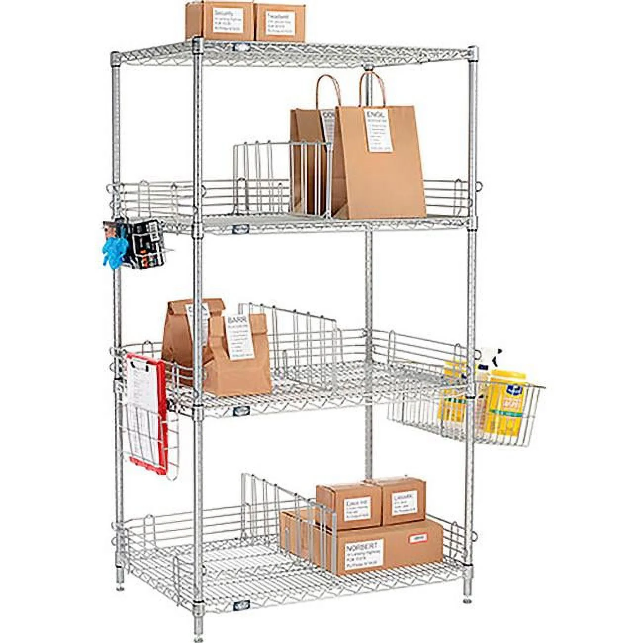 Global Industrial  63 x 60 x 21 in. Nexelate Silver Epoxy To Go Rack with 4 Wire Shelves, Dividers & Ledges