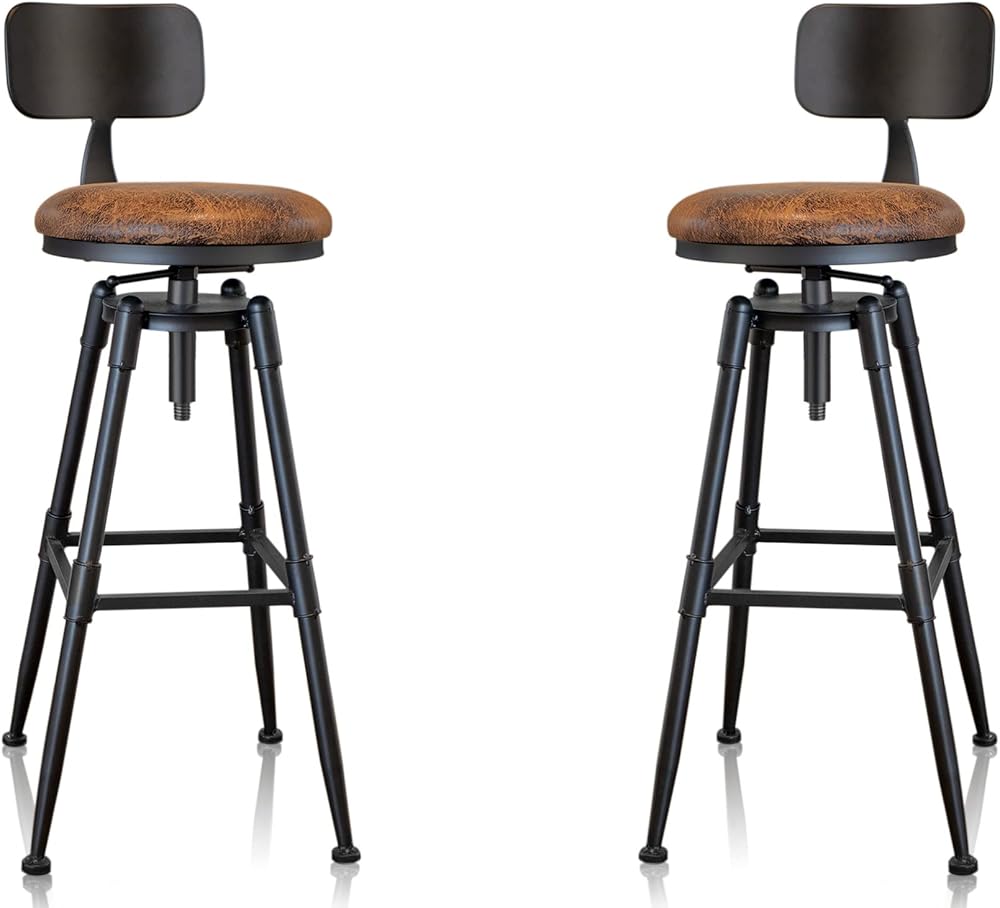 MSMV 27-35 Inch (Set of 2) Vintage Industrial Bar Stool-Farmhouse Swivel Bar Stool-Swivel Kitchen Island Dining Chair-Kitchen Counter Height Adjustable Pipe Stool-Cast Steel Stool