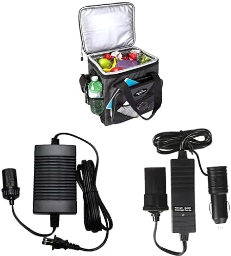 Koolatron Electric Portable Cooler Plug in 12V Car Cooler Bag 13L No Ice Camping Adjustable Shoulder Strap with 110 Volt AC to 12 Volt DC Power Adapter w/Circuit Breaker 5A DC Power Converter Black