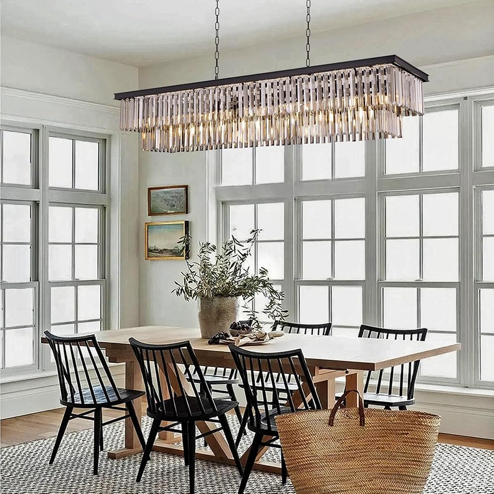 Wellmet Black Chandelier 57 inch, 13-Light Modern Rectangular Crystal Chandelier Ceiling Hanging, Smoke Grey Linear Chandeliers Light Fixture for Living Room, Dining Room, Bedroom, Kitchen Island