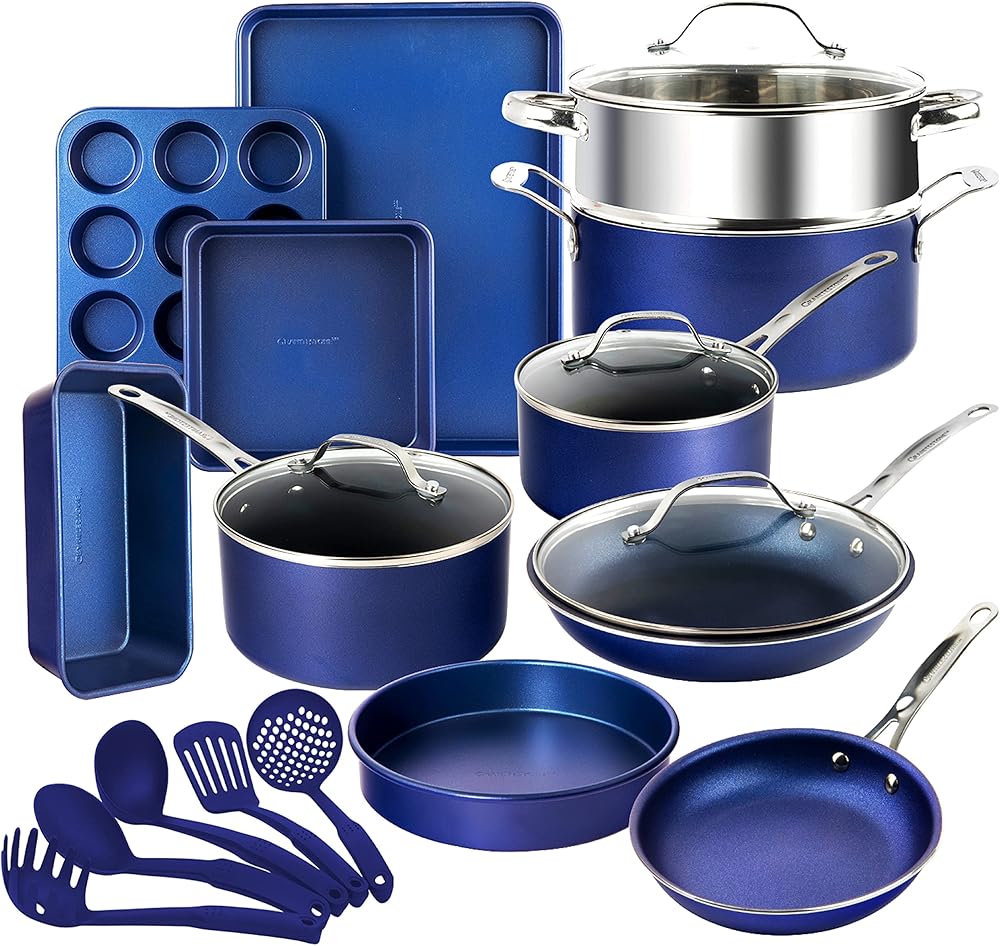 Granitestone 20 Piece Cookware Set Nonstick Pots and Pans Set Bakeware Set with Ultra Nonstick Durable Mineral & Diamond Coating 100% PFOA PFAS Free Cookware, Metal Utensil Oven & Dishwasher Safe-Blue