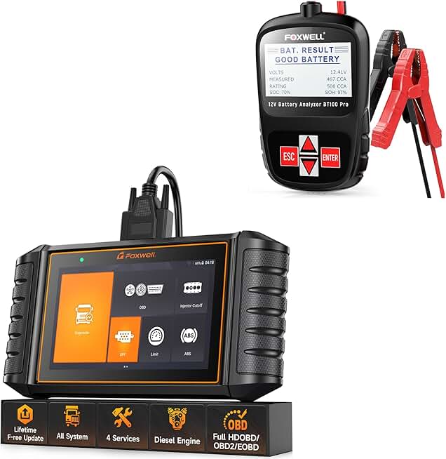 FOXWELL HD500 Heavy Duty Truck Scanner with DPF Regen/Injector Cutoff/Limit Setting + BT100 Pro Car Battery Tester 12V Automotive, 100-1100CCA Digital Battery Analyzer