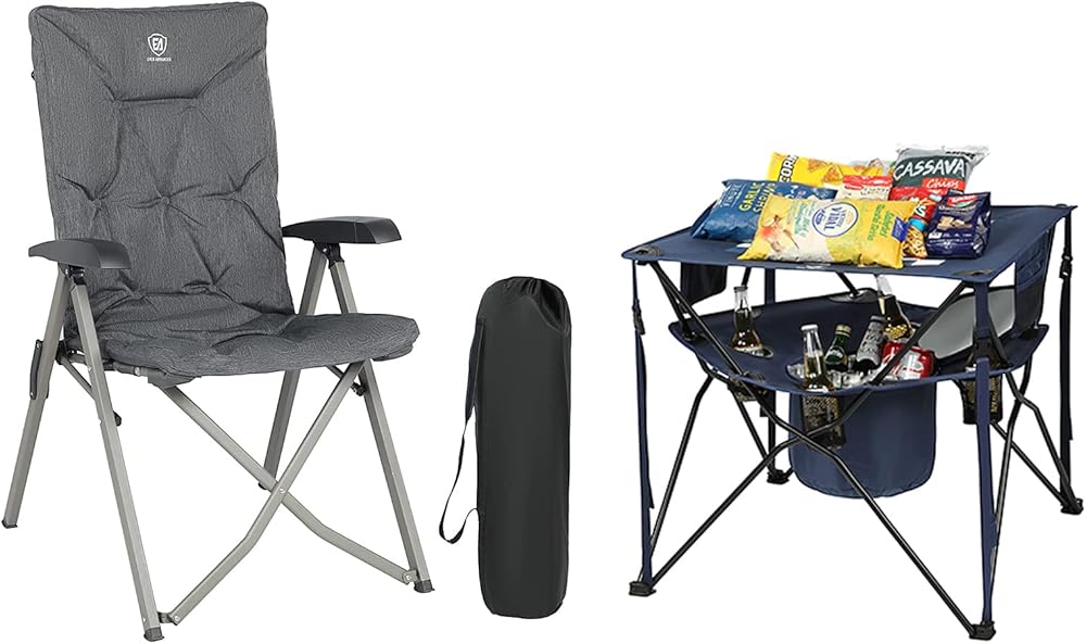 EVER ADVANCED Camping Recliner Chair and Folding Camping Cooler Table with Carry Bag
