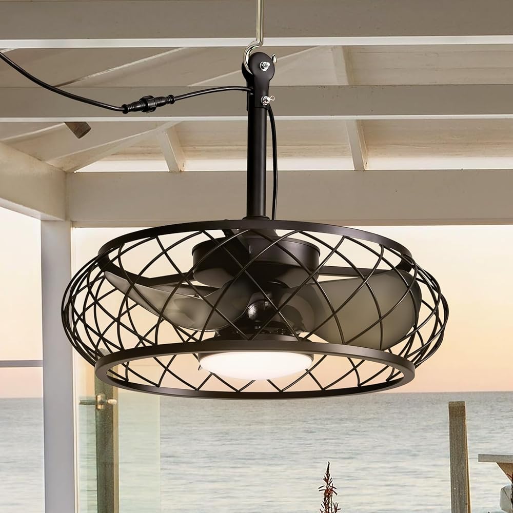 CROSSIO 20'' Outdoor Ceiling Fan with Lights Remote Control, Outdoor Ceiling Fans with Hanging Hook, Dimmable Caged Industrial Chandelier with Fan, Fandelier for Gazebo Patio Pergola, Black