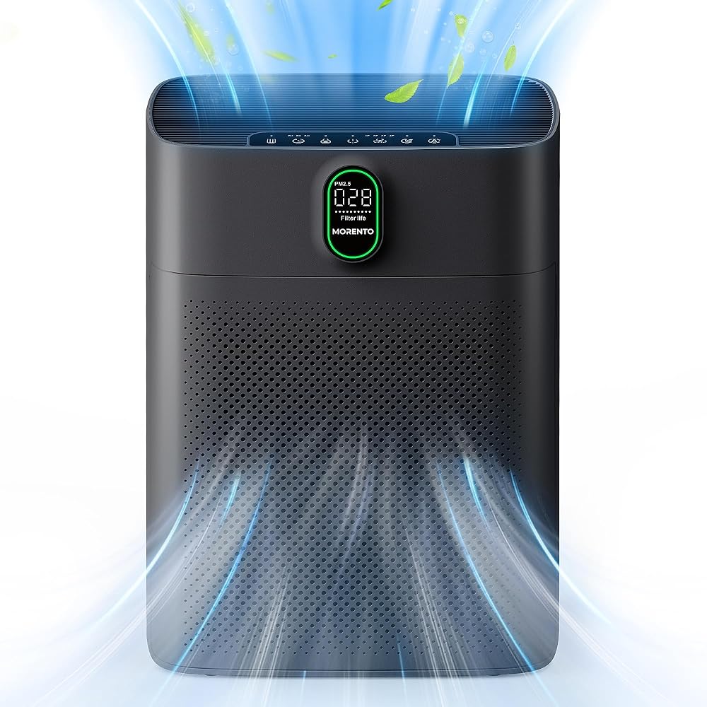 MORENTO Air Purifiers for Home Large Room up to 1076 Sq Ft with PM 2.5 Display Air Quality Sensor,Remove 99.97% of Pet Hair with Double-sided Air Inlet, 24db, Black, 1 Pack