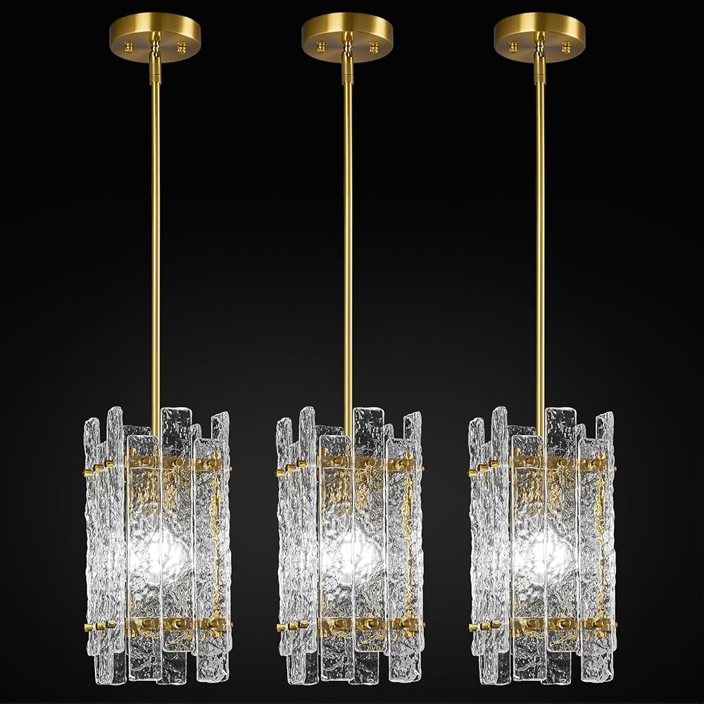 Modern Crystal Pendant Lighting Gold Mini Pendant Lights Rectangle Glass Chandeliers, Adjustable Pendant Light Fixture for Kitchen Island Bedroom Living Room Dining Room Corridor(3Pack)