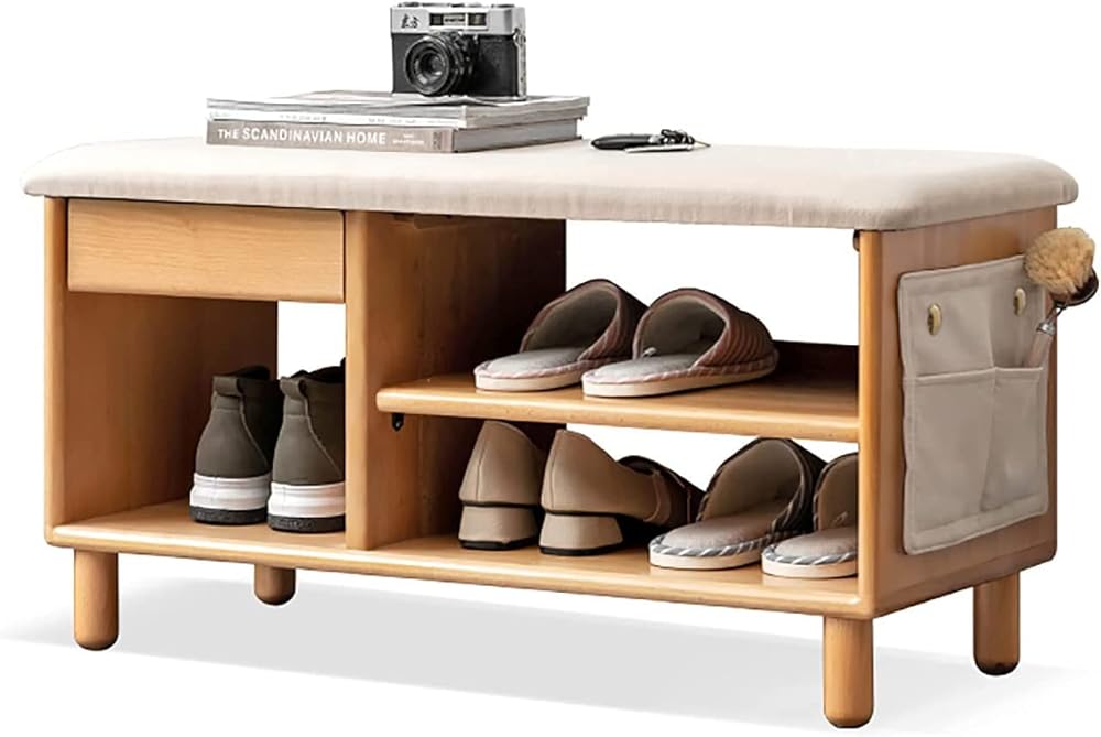Shoe Storage Bench Entryway Hallway Furniture, Nordic Storage Bench Solid Wood Shoe Stool with Soft Cushion Storage Rack Shelf for Entryway, Living Room, Bedroom(Beige)