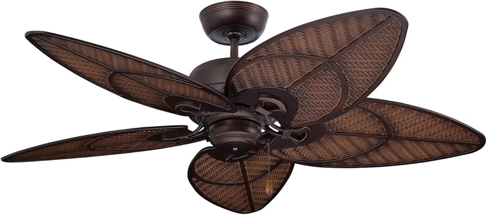 kathy ireland HOME Batalie Breeze Outdoor Ceiling Fan, 52 Inch | Large Metal Fixture with Palm Leaf Blades, Quiet Motor, and Pull Chain | Tropical Style for Outside and Indoor Home Decor, Bronze