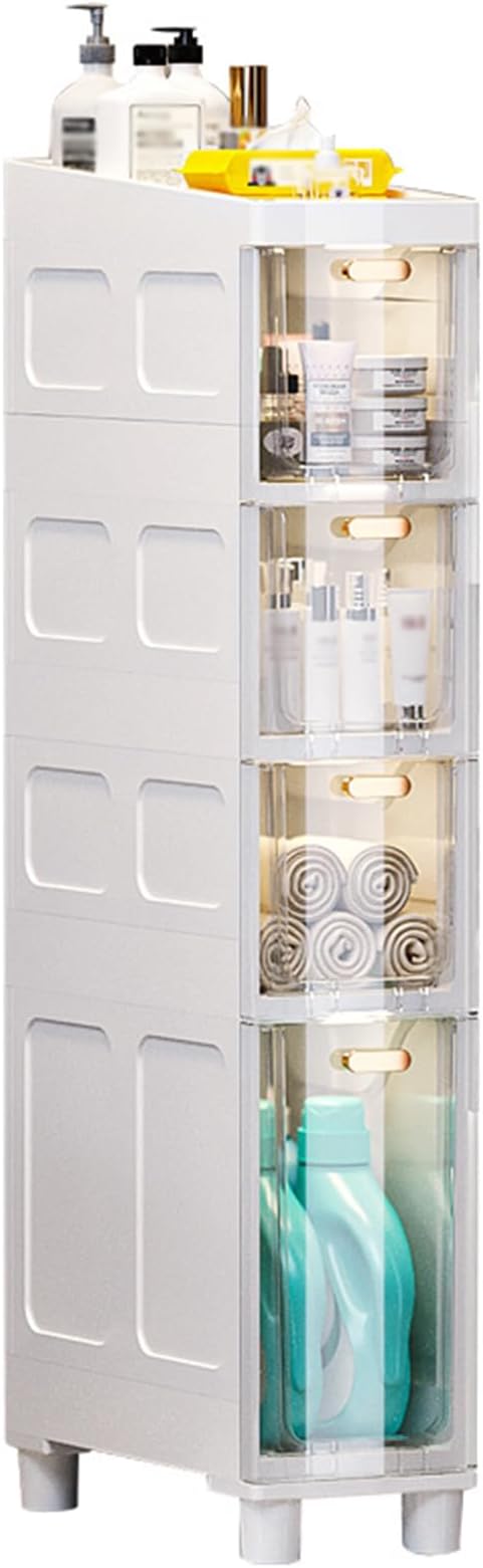 4-Tiers Narrow Bathroom Floor Storage Cabinet, Free Standing Toilet Paper Holder, Slim Laundry Room Organization, Multifunctional Plastic Drawer Storage for Small Sapce on Kitchen Bedroom