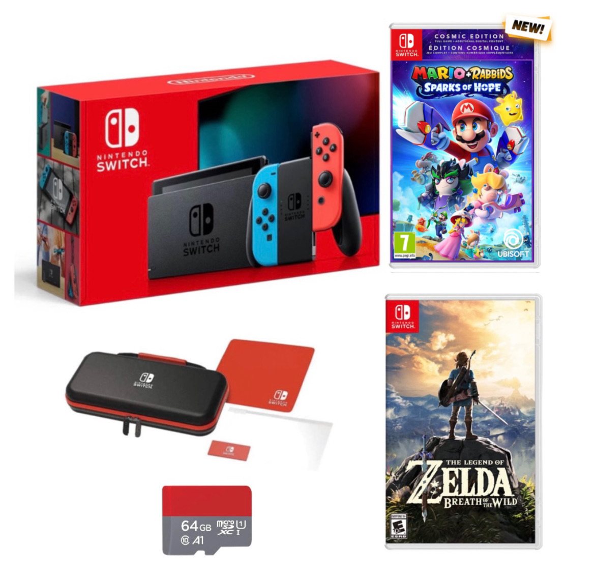 New Nintendo Switch Console with Neon Blue & Red Joy-Con - Bundle with Mario Rabbids Sparks of Hope and Zelda Links Awakening - 64GB Micro SD Included- PowerA Case and Protector