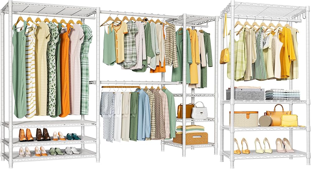 Ulif E11 and Portable Garment Rack White Bundle, Clothes Rack, and Closet Storage System with Shelves and Expandable Hanger Rods, Freestanding Clothing Rack