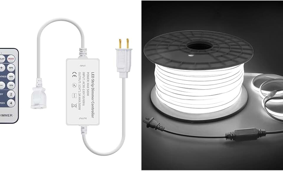 90M Outdoor COB Led Strip Lights Waterproof 300FT 1 Roll Soft 120V High Voltage Led Rope Light Plug in Daylight White+Dimmer Controller for Single Color AC 110V-130VCOB LED Rope Lights