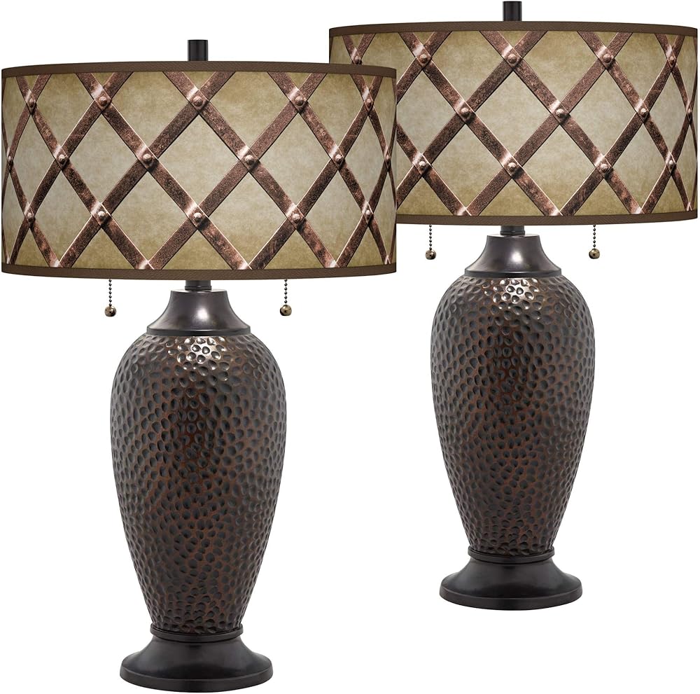 Metal Weave Zoey Hammered Oil-Rubbed Bronze Table Lamps Set of 2 with Print Shade