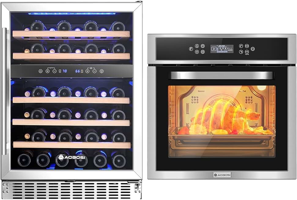 AAOBOSI Wall Oven 24 Inch Single Wall Oven, 2.5 Cu.Ft Electric Built-in Convection Oven LED, 24 Inch Wine Fridge, 46 Bottles Wine Cooler with Dual Zone, Freestanding and Built-in Wine Refrigerator