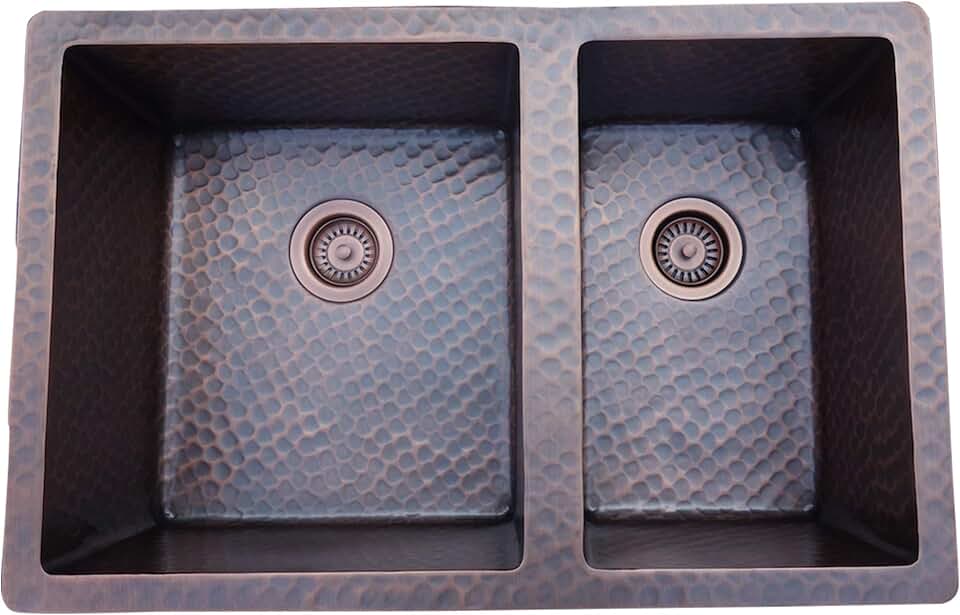 SINDA 14 Gauge Handmade 40/60 Double Bowl Farmhouse Copper Apron-Front Kitchen Sink, Light Hammered-Antique Copper, KOULC282010