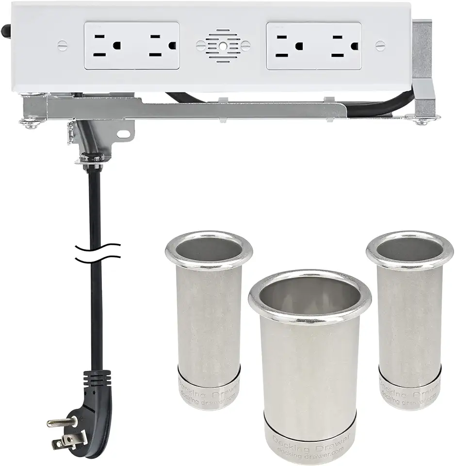 in-Drawer Outlet & Canister Tube Bundle | Docking Drawer Blade (4 AC Outlets) | Stainless Steel Capped Canisters (3, 2, 2
