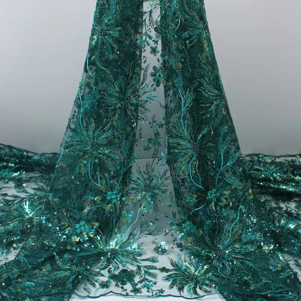African French Soft Beads Teal Lace Fabric Dry Sequines Beads Tulle Blue Nigeria Embroidered Mesh Dress 4388B -5yards Lace Fabric for Bridal Materials Sewing for Girls Nigerian Lace Fabric
