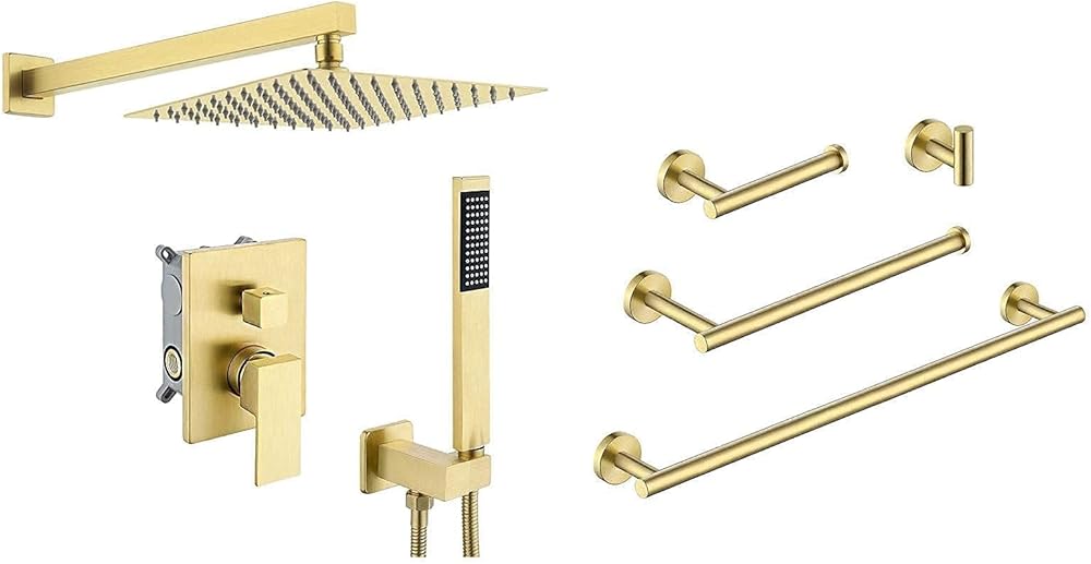 KES Bathroom Hardware Set Gold Toilet Paper Holder Shower System 10 Inches Rain Shower Head with Handheld, LA20BZ-42+XB6230-BZ-KES