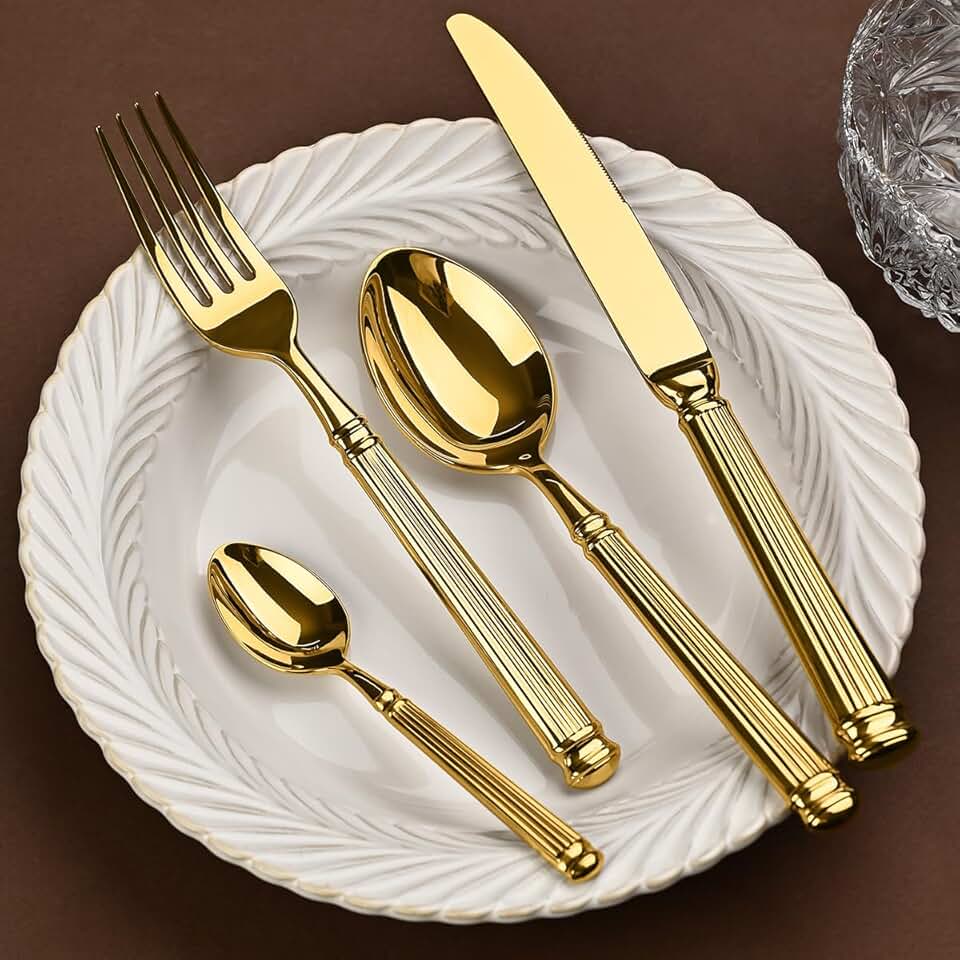 Premium Gold Silverware Set for 6 Forks Spoons Knives set 18/10 Stainless Steel 24-piece Dinnerware Tableware Cutlery Set Utensils Luxury Hotel Wedding Household Mirror Polished Unique Handle