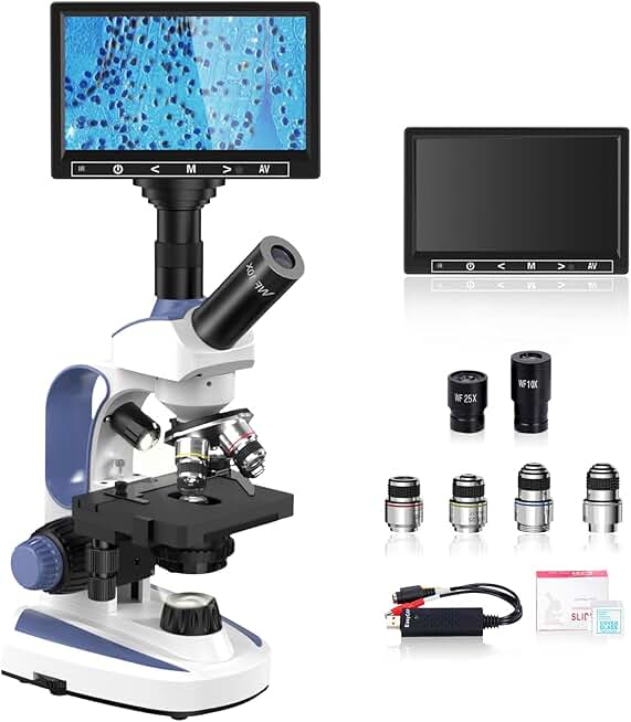 VITANO Microscope for Adults with 40X-2500X Magnification, Dual-View Lab Monocular Compound Microscope with 7'' LCD Screen, Wide-Field 10X 25X Eyepiece, Built in 5MP Camera, Dual Illumination (Blue)