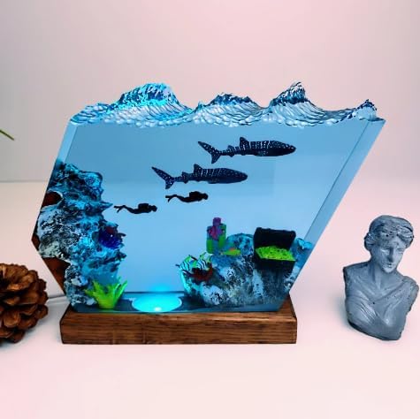 Whale Shark and Diver Resin Ornament Wood Lamp, Decorations Marine Art Night Light Desk Lamp, Ocean Theme Diorama, Whale Lamp Decoration, Ocean Lamp, Diver Lamp (9x7 inch)