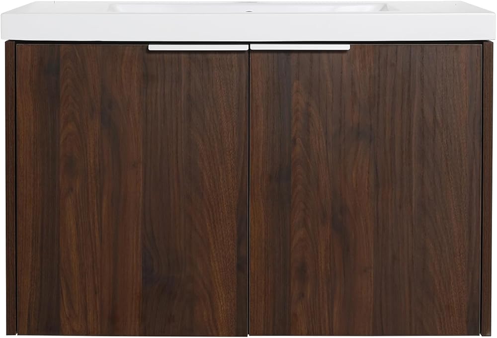 Tzou Wall Mount Bathroom Vanity with Sink Combo for Small Space Vanity Cabinet Gel Basin Countertop Floating Cabinet with Close Doors Walnut One Size