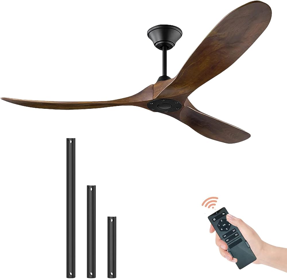 YCGU 60'' Wood Ceiling Fan No Light, Outdoor Indoor Ceiling Fan with Remote Control, 3 Solid Wood Blades, Noiseless Reversible Motor, 6-Speed, Easy Install System (60-Inch, Walnut)