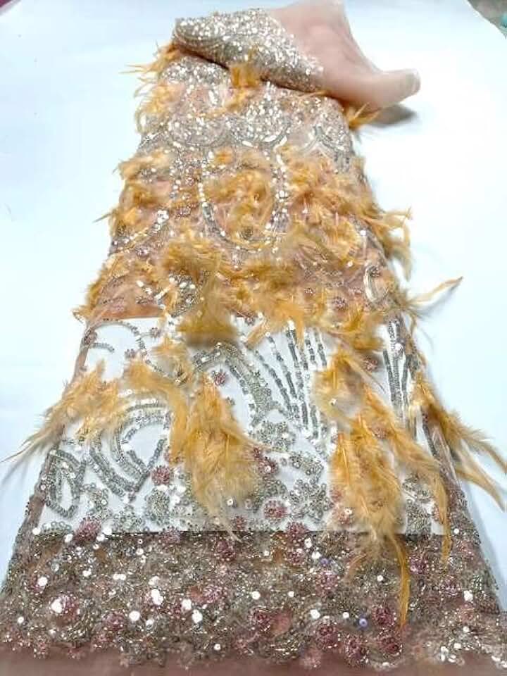 MARHAFABRIC 5 Yards French Hand Made Luxury SequinsTulle Fabric African 3DEmbroideved Beads Lace for Nigerian Woman Dress Lace Fabric for Bridal Wedding Prom Evening Dress