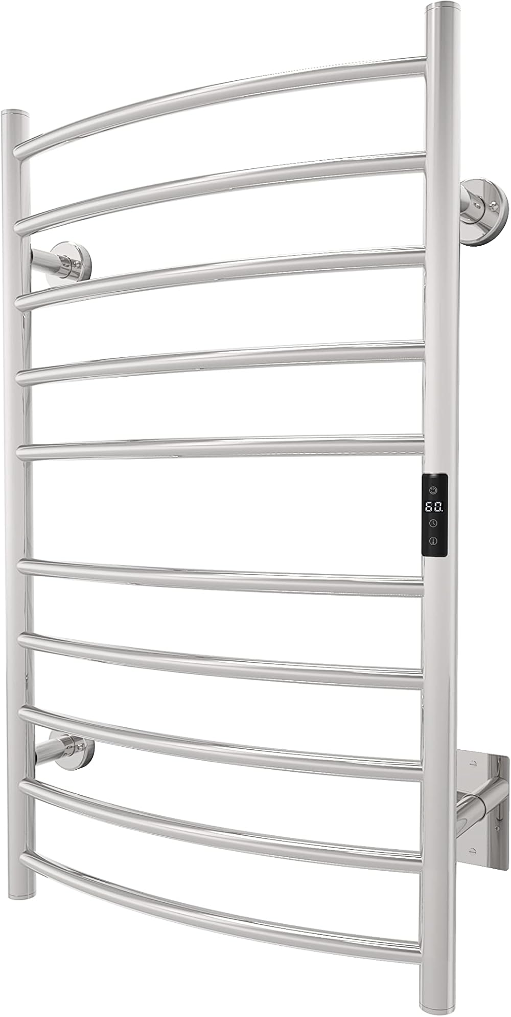 Odass | Towel Warmer | Built-in Timer with Led Indicators | Timer Modes: 1 H to 8 H, ON/Off | Temperature 30 to 60 °C (86 to 140 °F) | Wall Mounted | 10 Curved Bars | Chrome Stainless Steel