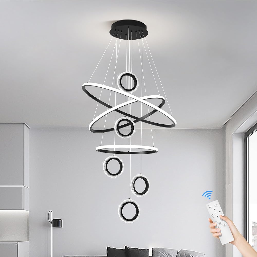 Modern LED Chandelier Modern Chandelier Fixtures Adjustable Hanging Remote Dimmable 8 Rings Chandelier Ceiling Light Fixtures for Living Room Foyer Staircase Entrance